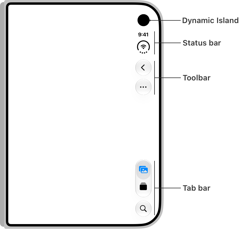 Apple's diagram of iPhone Duo's vertical controls: Dynamic Island, status bar, toolbar, and tab bar arranged along the outer edge