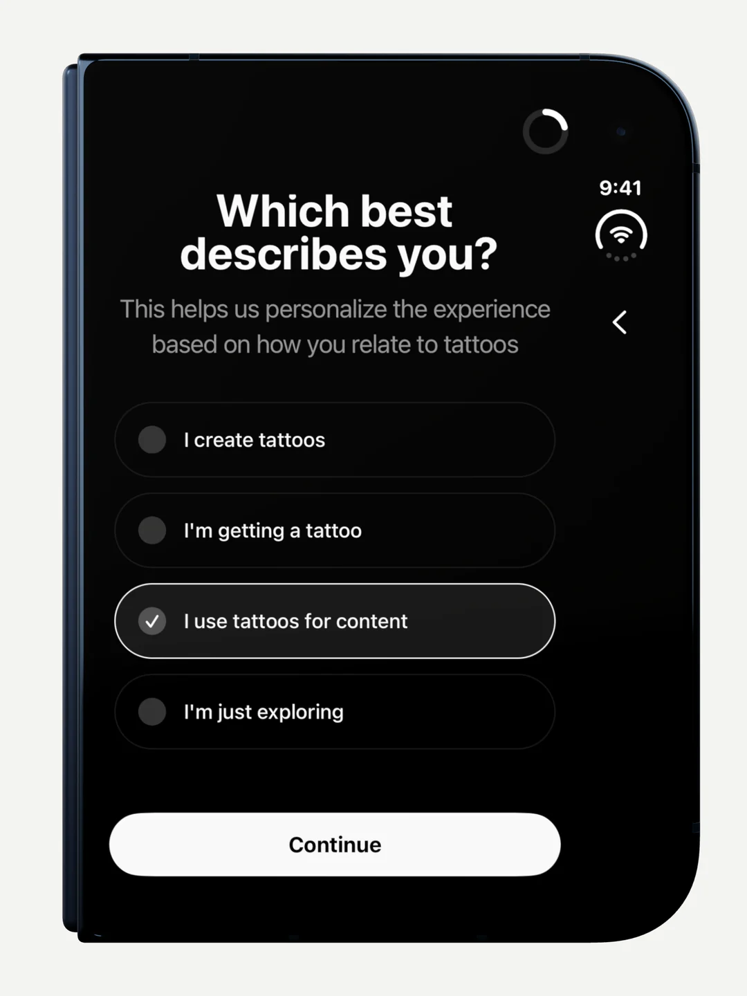 The folded onboarding question keeps its content clear of the native Back button on the right