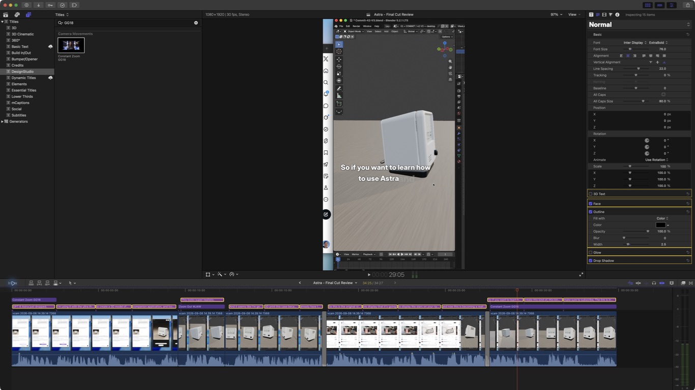 The edit in Final Cut Pro, with captions and the timeline visible.
