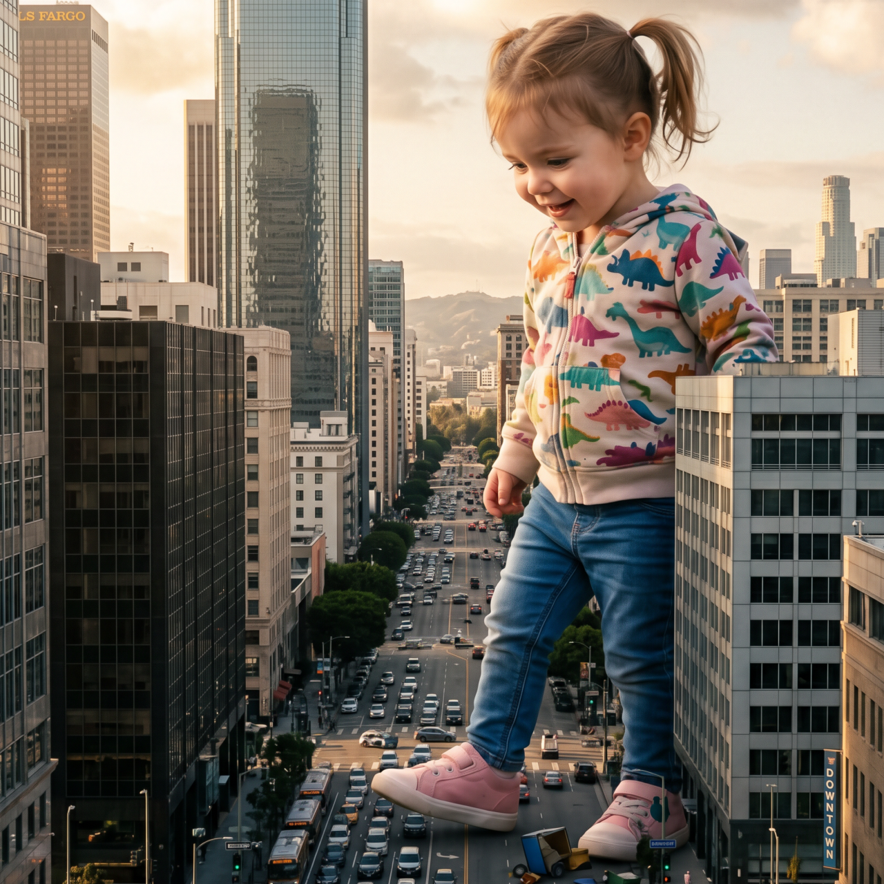 Toddler reimagined as a giant towering over a city skyline