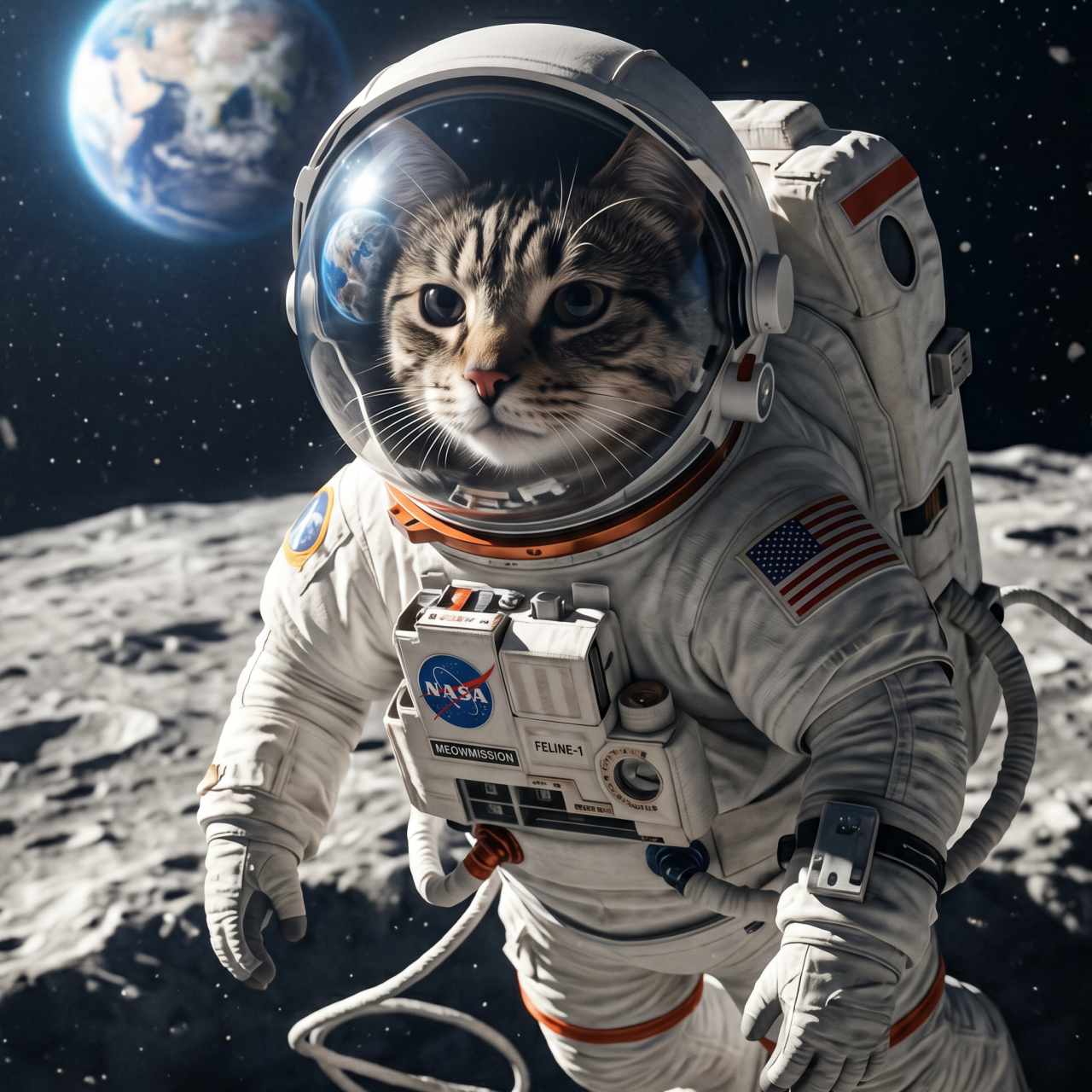 Cat in a full astronaut suit floating in space with Earth in the background