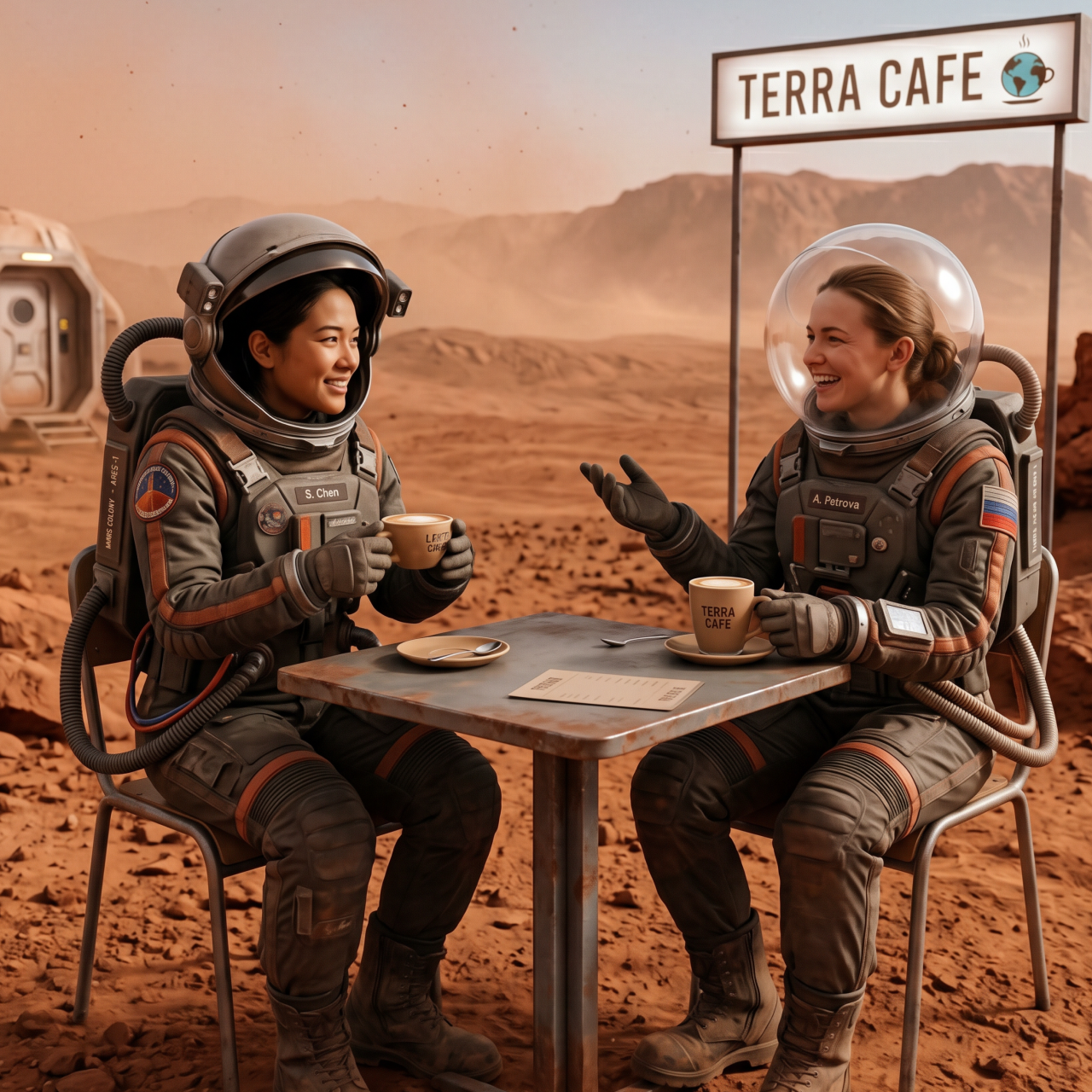 Two friends having coffee on the surface of Mars with Earth visible in the sky
