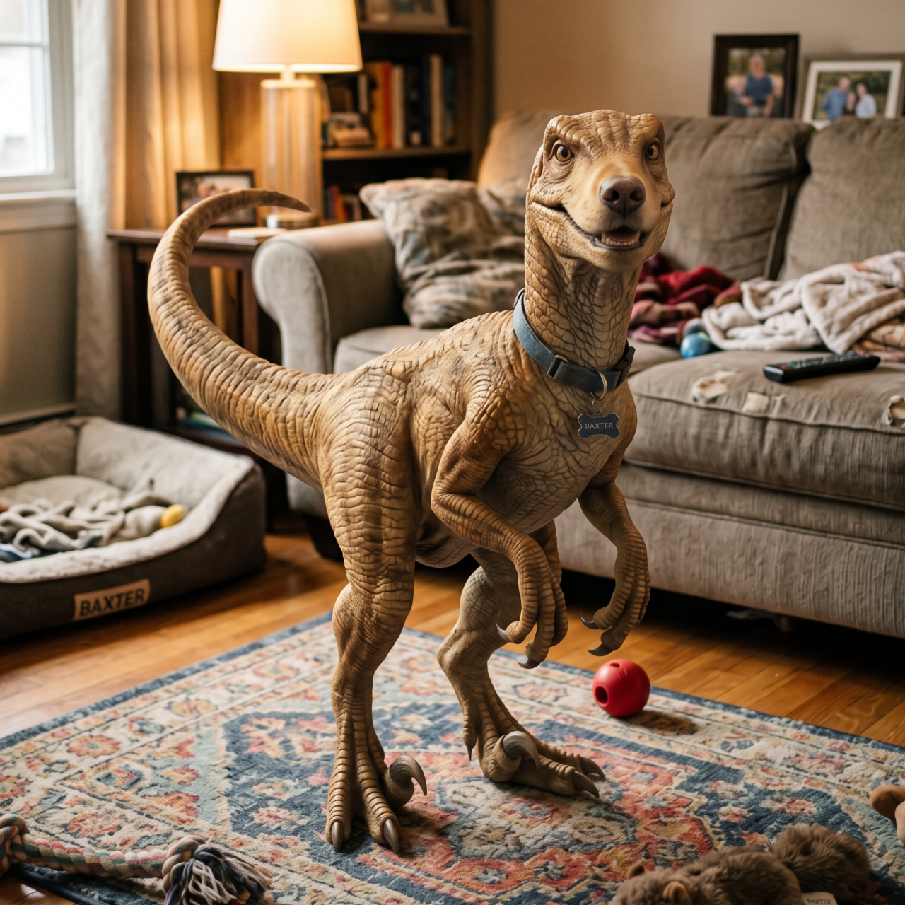 Golden retriever transformed into a T-Rex standing in a living room