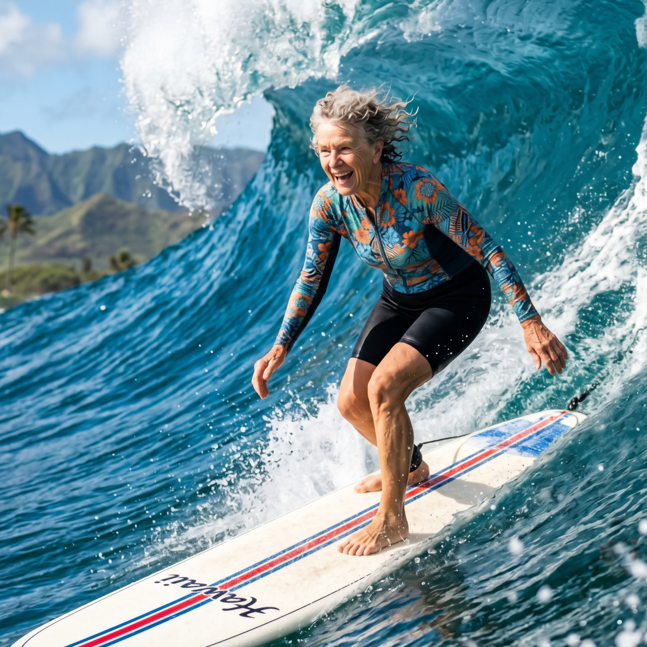 Elderly woman surfing a massive wave in Hawaii