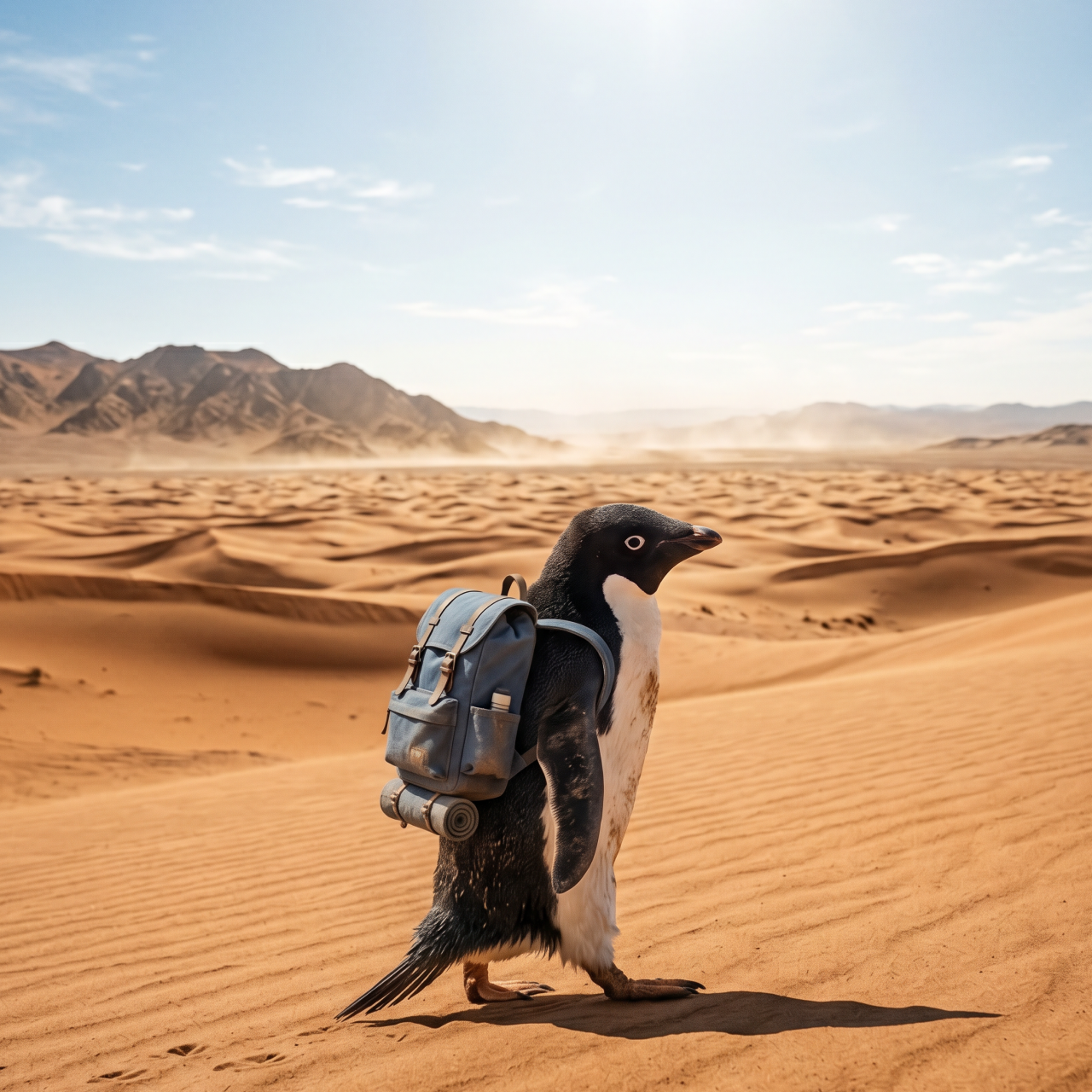 Penguin with a tiny backpack walking through the Sahara desert