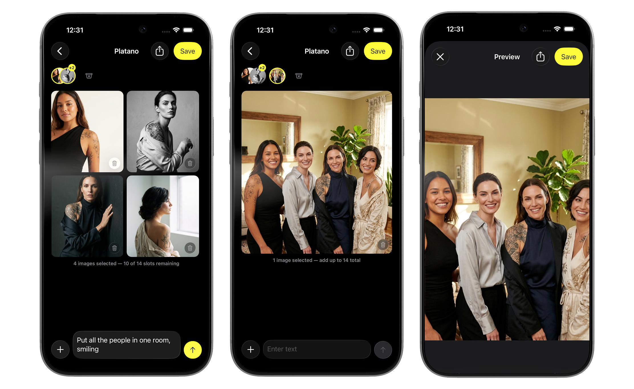Platano AI image app on iPhone with onboarding, editor, and paywall