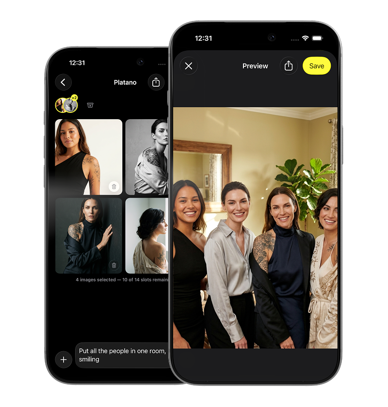 Platano AI image app on iPhone with onboarding, editor, and paywall