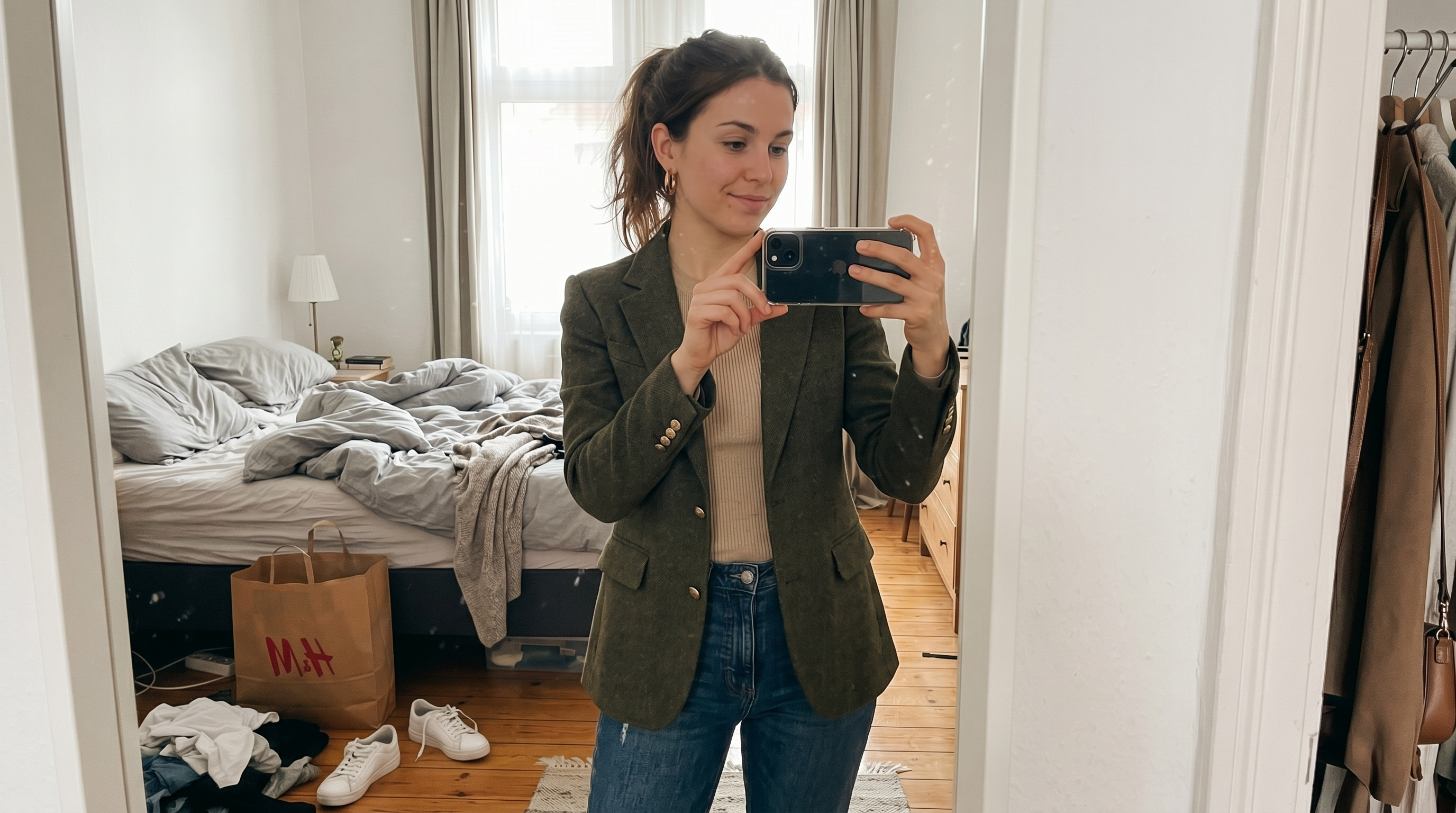 After: same mirror selfie with a styled outfit preview