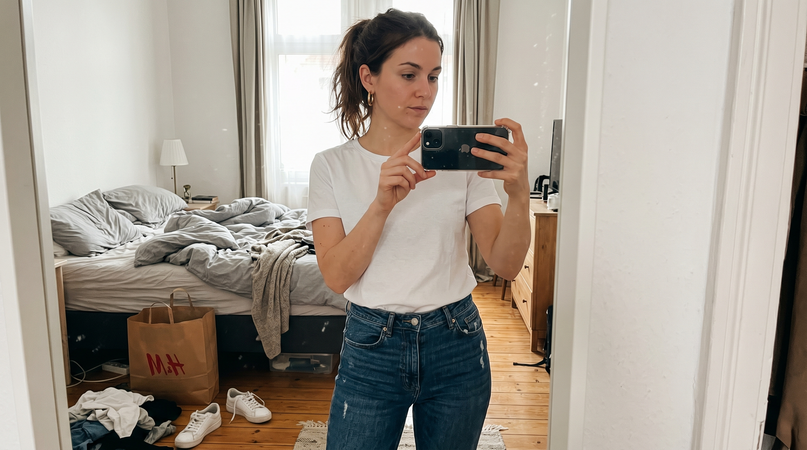 Before: mirror selfie trying on a basic outfit