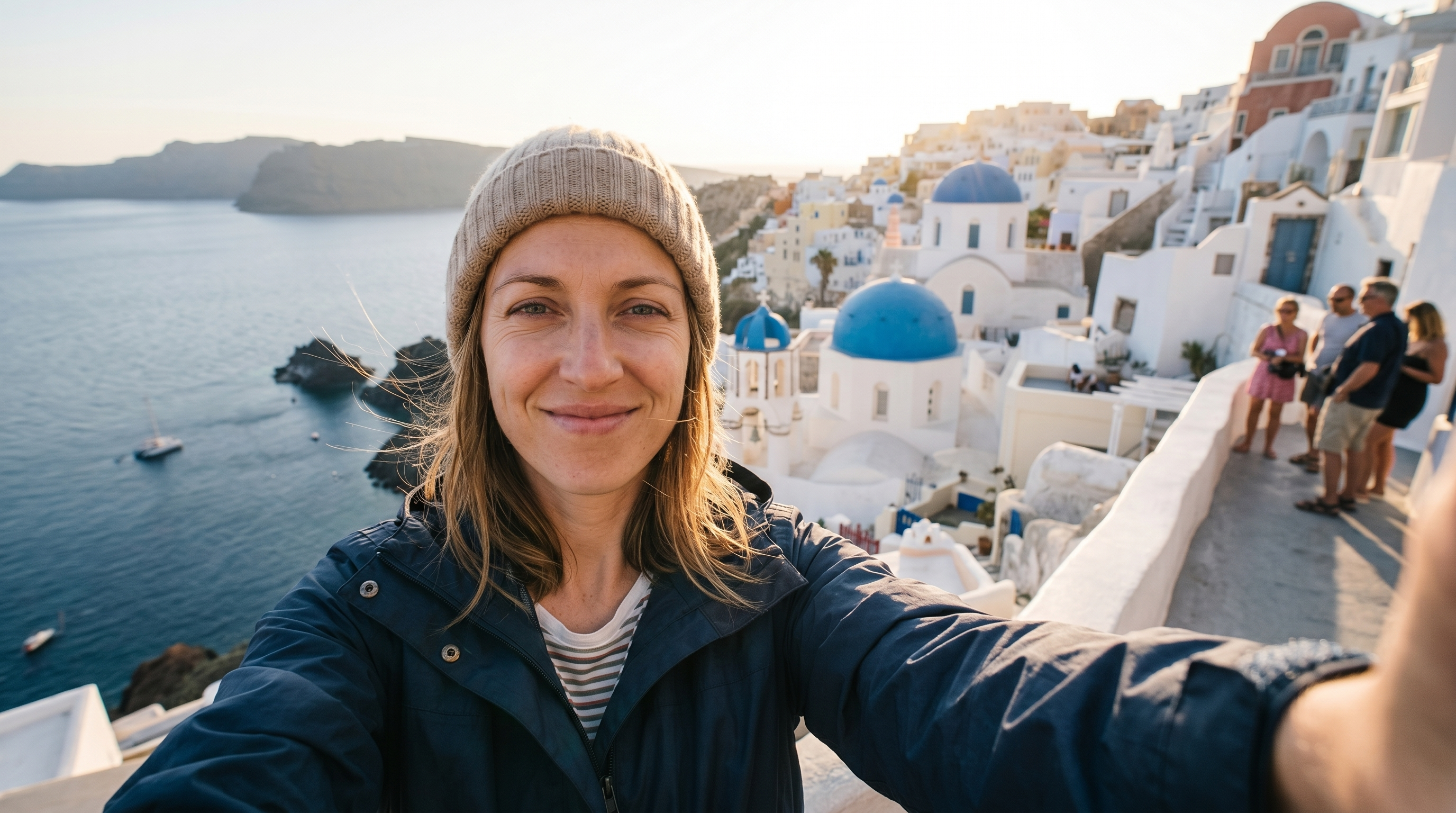 After: same travel selfie with scenic backdrop swap